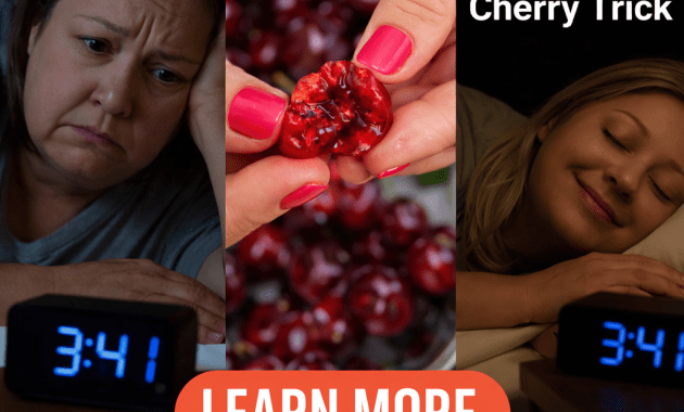 Collage showing a tired woman, a hand holding a cherry, and a sleeping woman beside clocks reading 3:41.