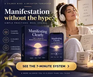 Promotional graphic for the “Manifesting Clearly” 7-minute system, with a woman journaling beside the ebook and phone at sunset.
